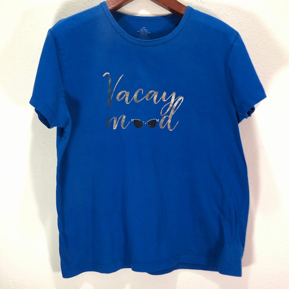 Vacay Mood Blue Graphic T-Shirt Womens 2XL Rhinestone Sunglasses Cotton Tee